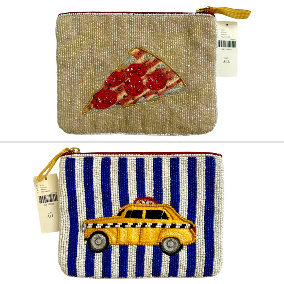 Anthropologie Beaded Bag Pouch Clutch Purse Taxi Pizza NYC New York City HTF NWT - Picture 1 of 16